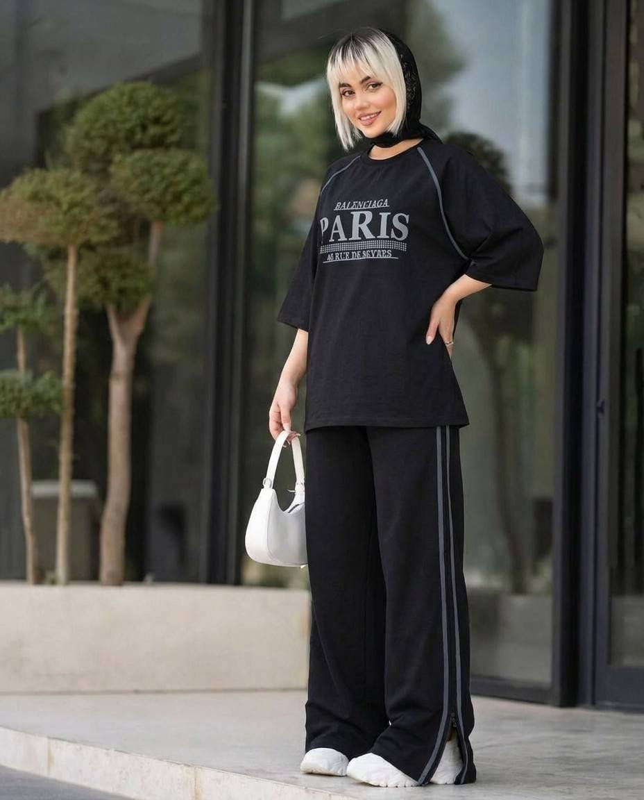 ست تیشرت شلوار parisزیبا و اسپرت کد 14143الیشکا‌