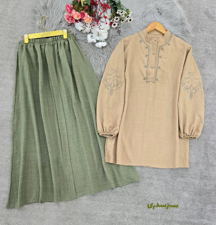 ست بلوز و دامن رها 🌿 با رنگ بندی و کیفیت بسیار عالی ✅ والی6550