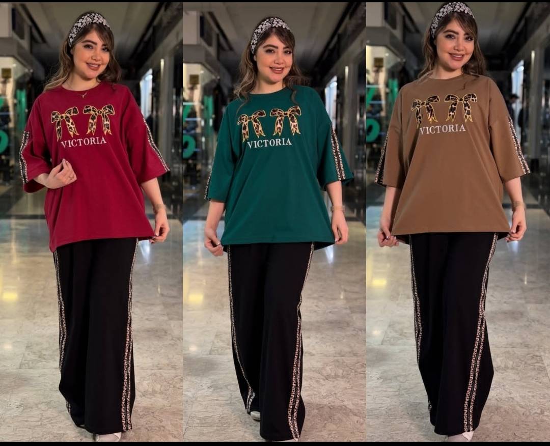 ست تیشرت شلوار دبل پاپیون پلنگی گلکسی پنبه درجه یک در رنگبندی 😍 😍 کد6587 مدلند