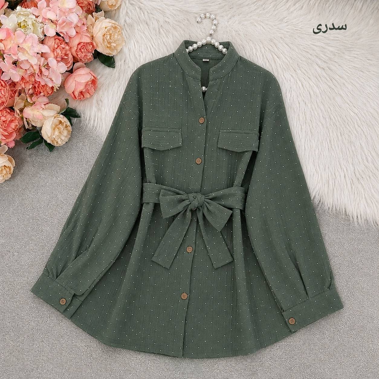 شومیز مانتوی کمربنددار آیوا بارانی فول نگین 🌼 با رنگ بندی و کیفیت عالی✅ تتیس22639