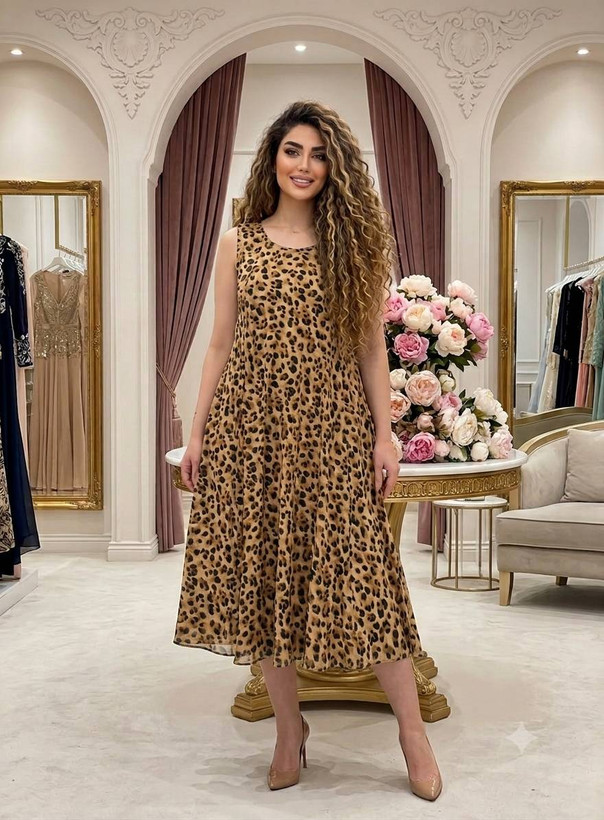 پیراهن بلند بدون آستین پلنگی♥✅کد 23281 آرات