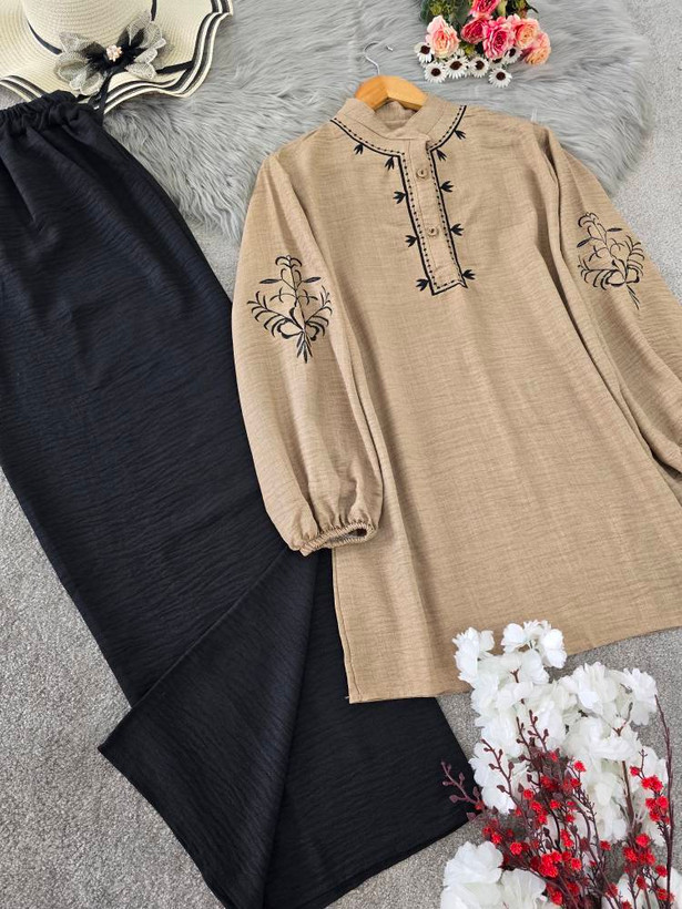 ست تونیک و شلوار گندم 🌾 با کیفیت عالی✅ والی5753