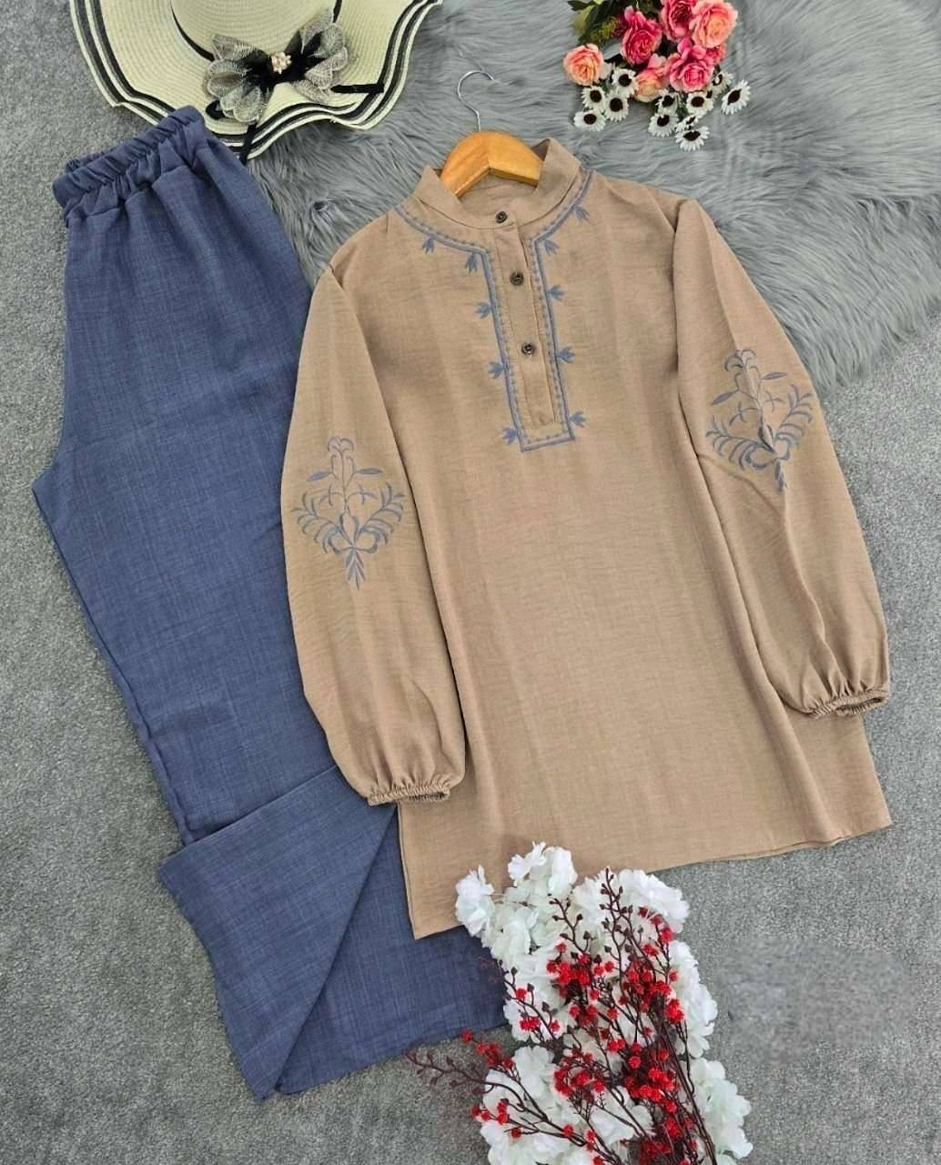 ست تونیک و شلوار گندم 🌾 با کیفیت عالی✅ والی5753