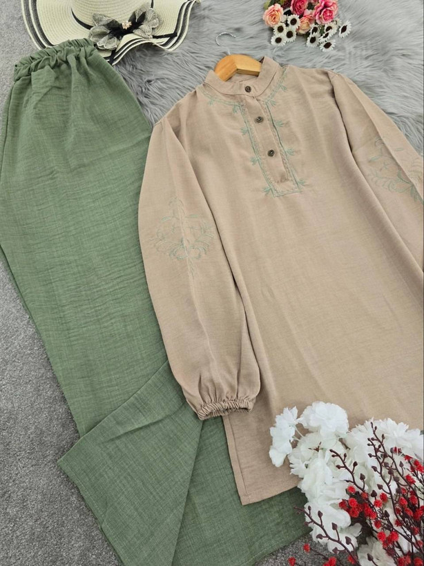ست تونیک و شلوار گندم 🌾 با کیفیت عالی✅ والی5753