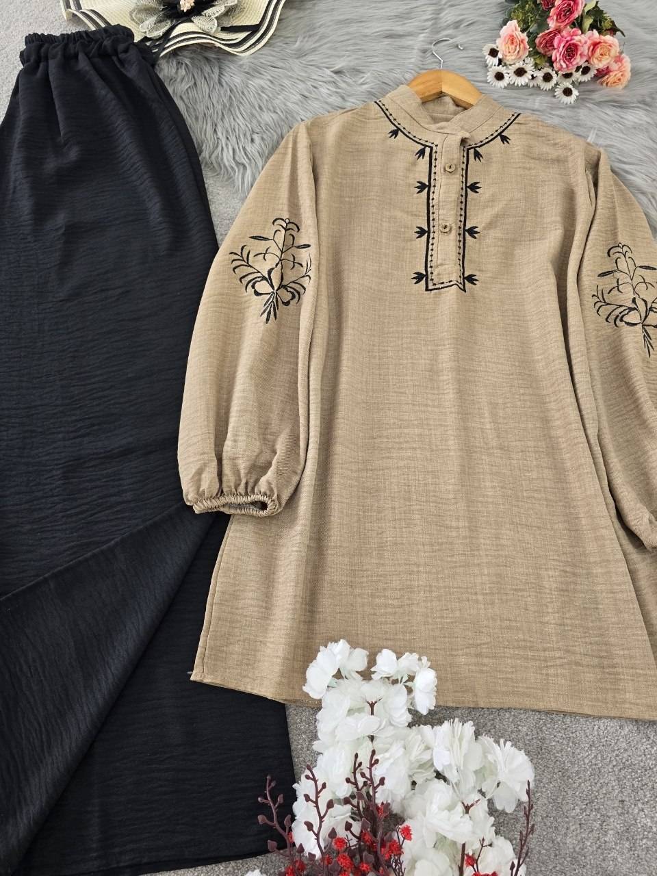 ست تونیک و شلوار گندم 🌾 با کیفیت عالی✅ والی5753