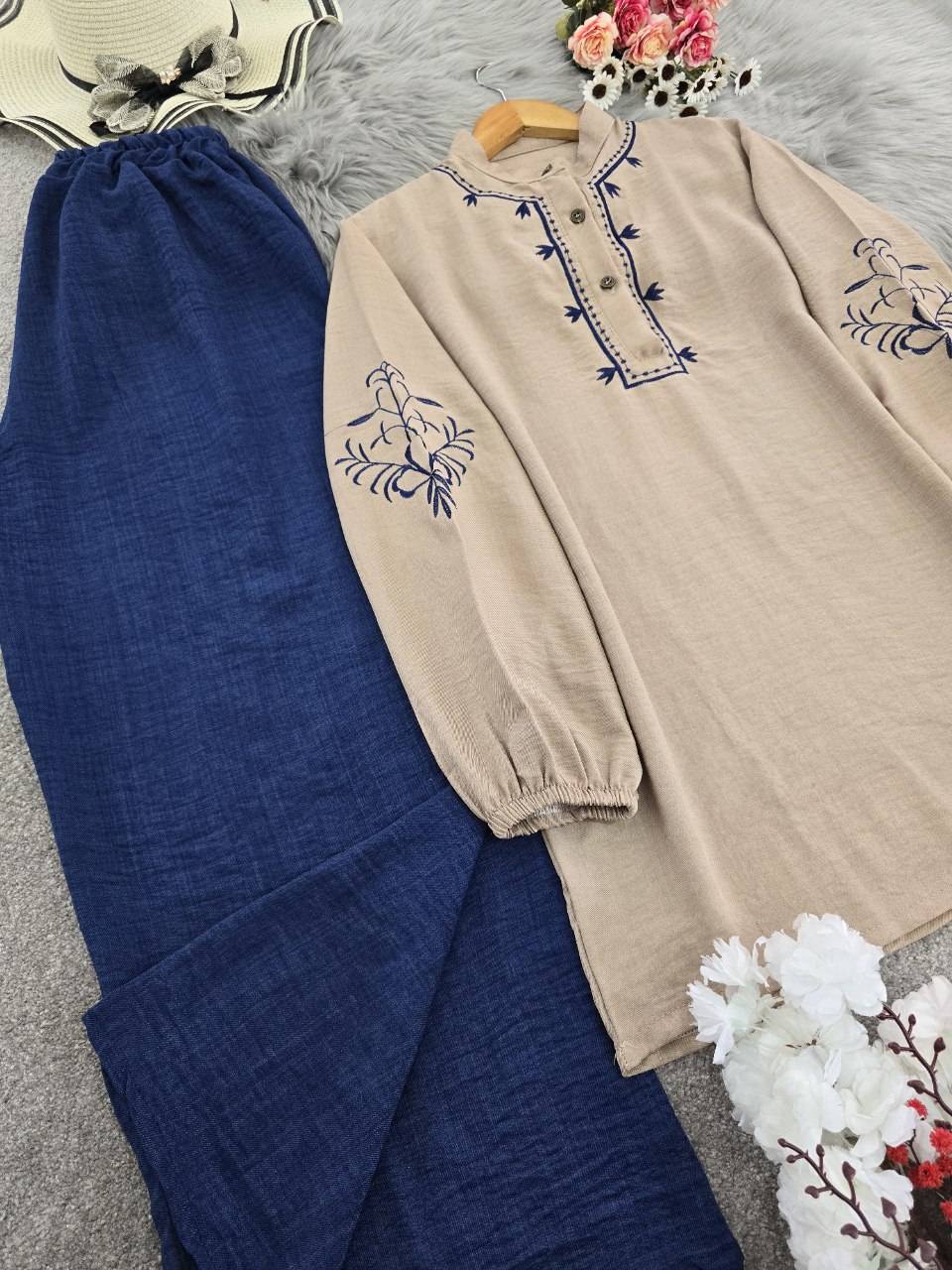 ست تونیک و شلوار گندم 🌾 با کیفیت عالی✅ والی5753