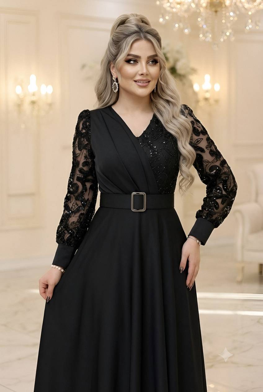پیراهن مجلسی لیلیوم تکرنگ مشکی 🎀🎀کد۴۴۲ بری
