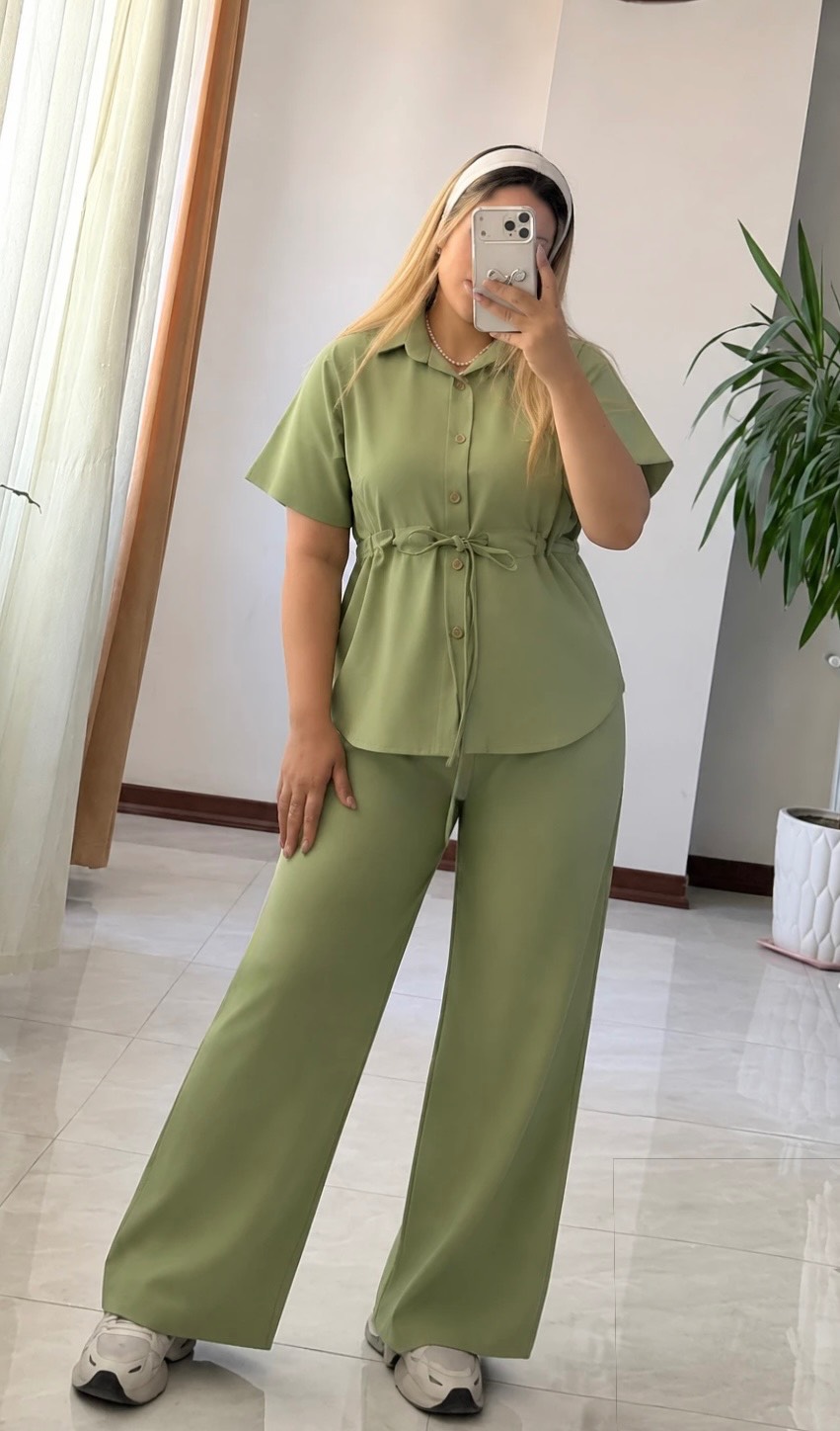 ست شومیز وست و شلوارکمر بنددار🌺☘️458ارشیدا