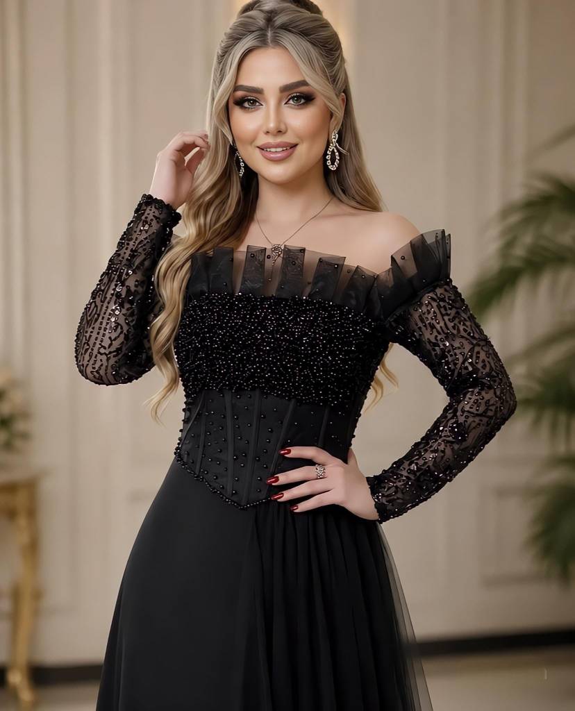 پیراهن مجلسی ملورین ۲ تکرنگ مشکی 🥰🥰 کد ۵۵۹ بری